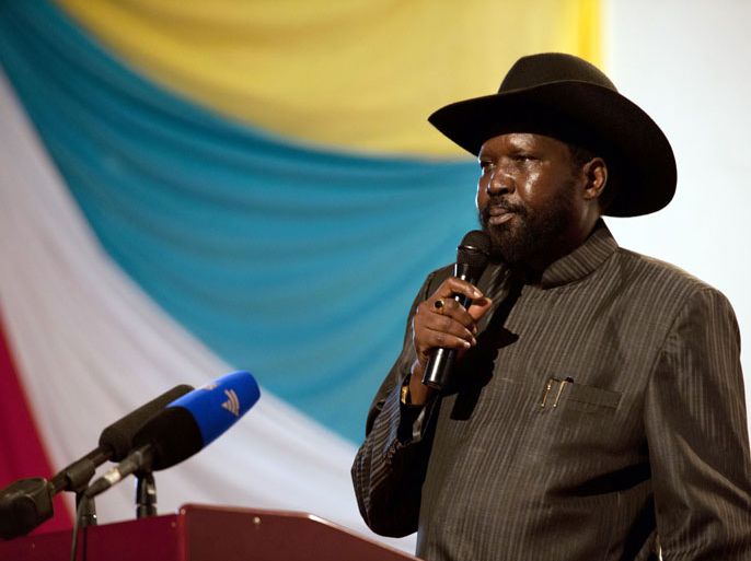 SOUTH SUDAN : South Sudan President Salva Kiir delivers a speech on the eve of of the country's first anniversary at Nyakuron Cultural Centre in Juba on July 8, 2012. Landlocked South Sudan, which relies on the infrastructure of the North to export its oil, decided to stop pumping crude barely six months after becoming a state despite it almost being its only source of revenue. AFP PHOTO/Giulio Petrocco