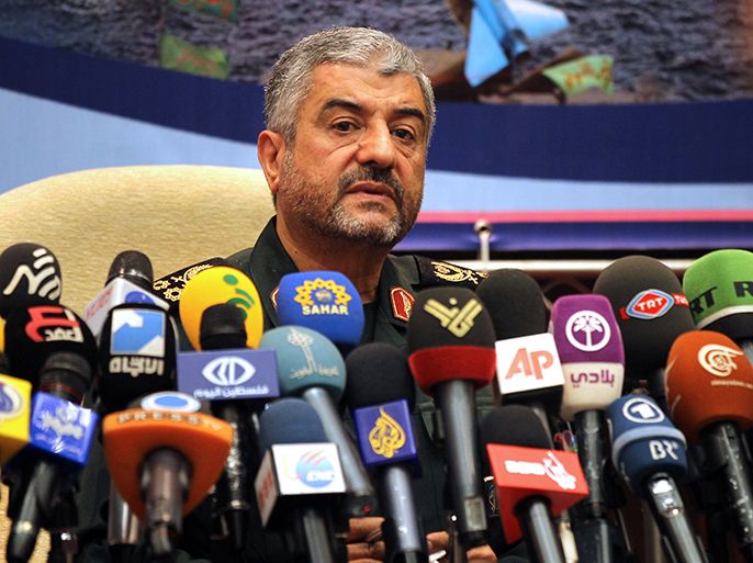 Iranian Revolutionary Guards commander Brigadier General Mohammad Ali Jafari holds a press conference in Tehran on September 16, 2012. Jafari said members of his elite special operations unit, the Quds Force, are present in Syria and Lebanon but only to provide "counsel." AFP