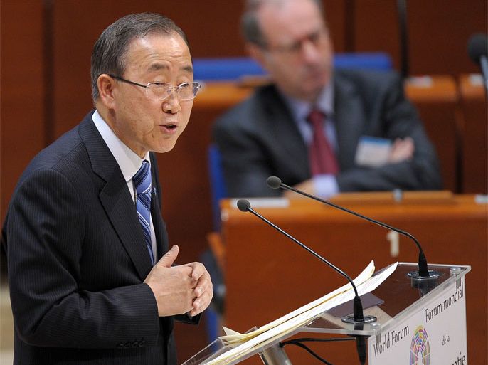 UN Secretary-General Ban Ki-moon delivers a speech during the openning of the World Forum for Democracy in the Council of Europe in Strasbourg, eastern France, on October 8, 2012.
