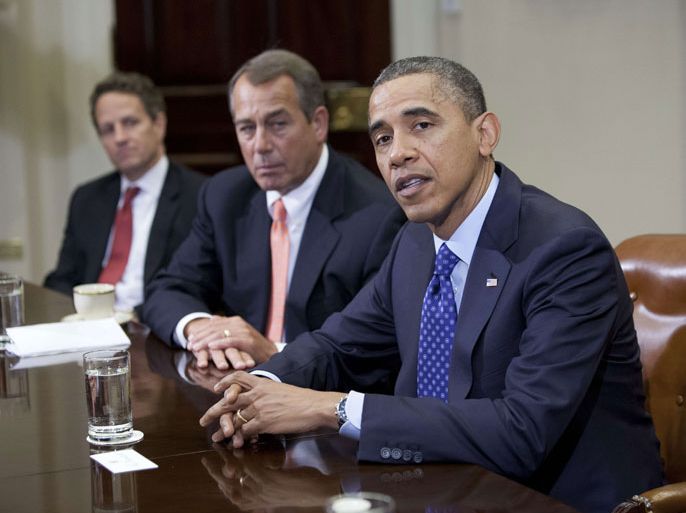 ATJ003 - Washington, District of Columbia, UNITED STATES : US President Barack Obama speaks before Speaker John Boehner (R-OH) Secretary of the Treasury Timothy Geithner (3rdR) and other cabinet members during a meeting on November 16, 2012 in Washington,DC. Obama said Friday that Democrats and Republicans needed to make "tough compromises" in order to overcome divisions over deficit reduction and avoid the fiscal cliff. AFP PHOTO/TOBY JORRIN