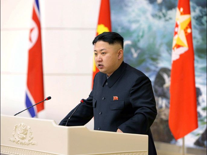 This handout picture taken on December 21, 2012 and released by North Korea's official Korean Central News Agency on December 22, 2012 shows North Korean leader Kim Jong-Un delivering a speech during a banquet for scientists, technicians, workers and officials to celebrate the successful rocket launching at the Mokran House in Pyongyang, following the launch of a long-range rocket on December 13, days before its young ruler marked 12 months in power, intensifying the threat posed by the nuclear-armed state and provoking global condemnation. ---EDITORS NOTE--- RESTRICTED TO EDITORIAL USE - MANDATORY CREDIT "AFP PHOTO / KCNA VIA KNS" - NO MARKETING NO ADVERTISING CAMPAIGNS - DISTRIBUTED AS A SERVICE TO CLIENTS AFP PHOTO / KNS-KCNA