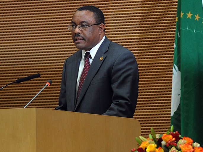 Ethiopia's Prime Ministere Hailemariam Desalegn addresses the opening ceremony of the 20th Ordinary Session of The Assembly of the Heads of State and Government (OSOA) of the African Union (UA) in Addis Ababa Ethiopia on January 27, 2013. Hailemariam Desalegn took over the post of African Union chairman today, replacing Benin's President Thomas Boni Yayi in the one-year post. AFP PHOTO / SIMON MAINA