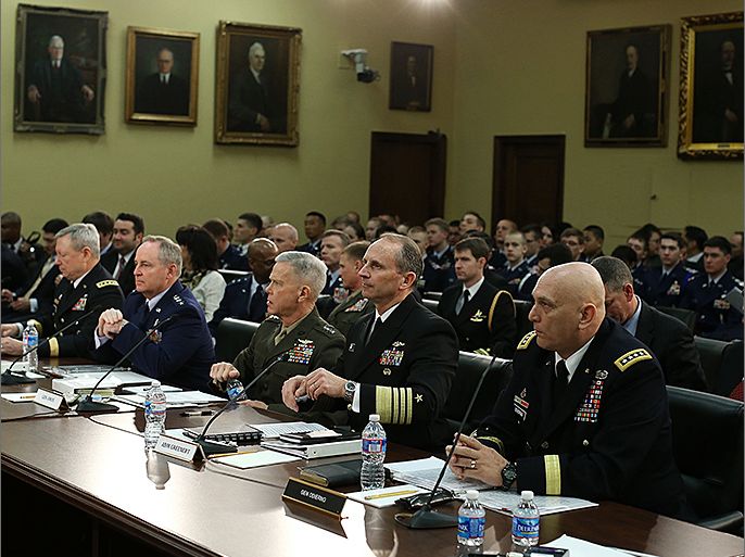 WASHINGTON, DC - FEBRUARY 26: Army Chief of Staff Gen. Raymond Odierno (R), Chief of Naval Operations Adm. Jonathan Greenert (2nd-R), Marine Corps Commandant Gen. James Amos (C), Air Force Chief of Staff Gen. Mark Welsh III (2nd-L), and National Guard Bureau Chief Frank Grass appear before the House Appropriations Subcommittee hearing on Capitol Hill, February 26, 2013 in Washington, DC. The Subcommittee is hearing testimony from military leaders on fiscal challenges and what effects sequestration would have on the military. Mark Wilson/Getty Images/AFP== FOR NEWSPAPERS, INTERNET, TELCOS & TELEVISION USE ONLY ==