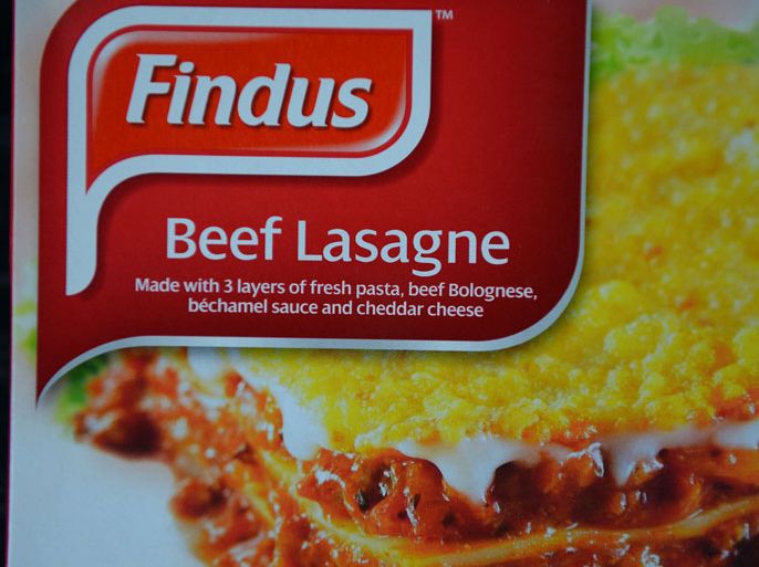 A picture shows the front of a Findus 320g beef lasagne frozen readymeal box taken near Sunderland on February 8, 2013. Tests confirming beef lasagne sold under the Findus brand contained up to 100 percent horsemeat sparked a wider food scare in Britain on February 8 with authorities ordering urgent tests on all beef products on sale. Findus tested 18 of its beef lasagne products manufactured by French supplier Comigel and found 11 meals containing between 60 percent and 100 percent horsemeat, the FSA said