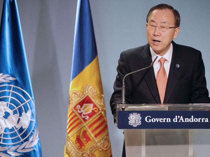 2 - Andorra La Vella, -, ANDORRA : United Nations Secretary-General Ban Ki-Moon gives a press conference on April 2, 2013 at the govermnent headquarters of the Andorra principality in Andorra La Vella. Ban said on April 2 that tensions had already soared too high on the Korean peninsula and warned Pyongyang against making nuclear threats. "The current crisis has already gone too far," Ban said in Andorra. AFP PHOTO PASCAL PAVANI