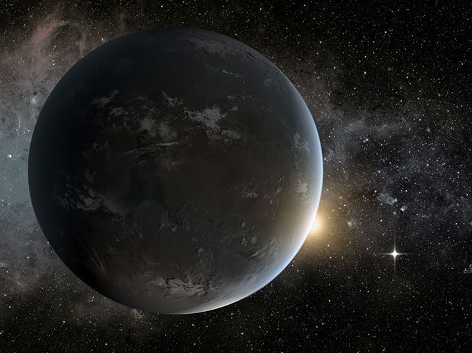This artist's concept provided by NASA April 18, 2013, depicts NASA's Kepler misssion's smallest habitable zone planet. Seen in the foreground is Kepler-62f, a super-Earth-size planet in the habitable zone of a star smaller and cooler than the sun, located about 1,200 light-years from Earth in the constellation Lyra. Kepler-62f orbits it's host star every 267 days and is roughly 40 percent larger than Earth in size. The size of Kepler-62f is known, but its mass and composition are not. However, based on previous exoplanet discoveries of similar size that are rocky, scientists are able to determine its mass by association. Much like our solar system, Kepler-62 is home to two habitable zone worlds. The small shining object seen to the right of Kepler-62f is Kepler-62e. Orbiting on the inner edge of the habitable zone, Kepler-62e is roughly 60 percent larger than Earth. AFP PHOTO / HANDOUT / NASA Ames / JPL-Caltech / T. Pyle == RESTRICTED TO EDITORIAL USE / MANDATORY CREDIT: "AFP PHOTO / NASA Ames / JPL-Caltech / NO MARKETING / NO ADVERTISING CAMPAIGNS / DISTRIBUTED AS A SERVICE TO CLIENTS ==