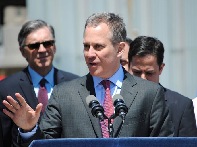 Attorney General Eric T. Schneiderman announces that he is filing lawsuits against four service stations for violations of the New York State Price Gouging statute and has reached monetary settlements with 25 other service stations totaling $167,850 in New York, on May 2, 2013. Picture taken on May 2, 2013. New York