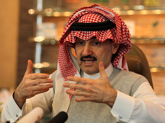 Saudi Prince Alwaleed bin Talal speaks during an interview with Reuters at his offices in Kingdom Tower in Riyadh, May 6, 2013. A potential split-up of the operations of U.S. bank Citigroup Inc is now "completely dead," Saudi prince Alwaleed bin Talal, the bank's largest individual shareholder said in an interview on Monday. REUTERS/Faisal Al Nasser (SAUDI ARABIA - Tags: BUSINESS)
