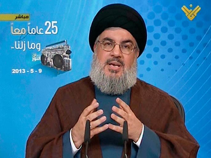 An image grab from Hezbollah's al-Manar TV shows Hassan Nasrallah, the head of Lebanon's militant Shiite Muslim movement Hezbollah, giving a televised address from an undisclosed location on May 9, 2013 in Lebanon. AFP PHOTO/AL-MANAR