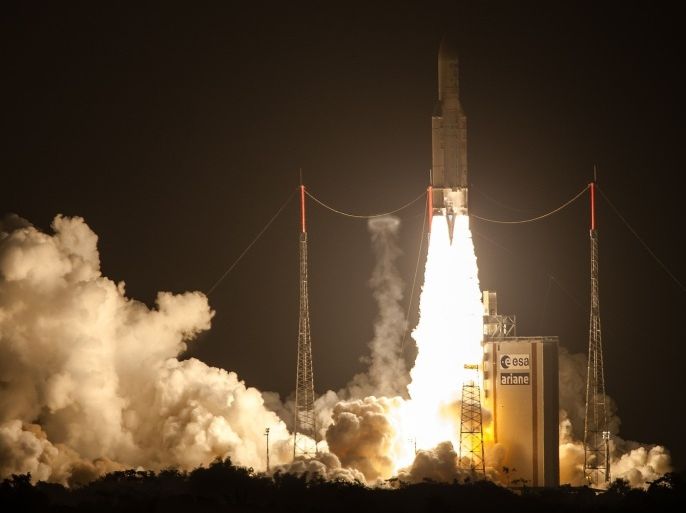 The Ariane 5 blasts off from the ground at the French Guyana European Spaceport of Kourou on June 5, 2013. A European rocket blasted off from French Guiana on Wednesday carrying a record 6.6 tonnes of cargo for the International Space Station (ISS) and its orbiting crew. A space freighter with food, water, oxygen, science experiments and special treats for the astronauts was launched on an Ariane 5 rocket from Europe's spaceport in Kourou as planned at 6:52:11 pm (21:52:11 GMT). The robot craft dubbed Albert Einstein is scheduled to separate from the launcher in an hour, somewhere over New Zealand, and enter orbit at an altitude of 260 kilometres (160 miles). The Automated Transfer Vehicle (ATV) will then deploy four energy-generating solar panels and start its autonomous navigation, guided by starlight, to the space station.