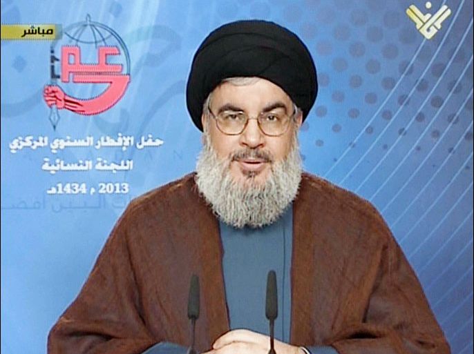 An image grab from Hezbollah's al-Manar TV shows Hassan Nasrallah, the head of Lebanon's militant Shiite Muslim movement Hezbollah, giving a televised address from an undisclosed location on July 24, 2013 in Lebanon. Earlier in the week the European Union put the military wing of Hezbollah on its of terrorist organisations, a move that the group slammed as aggressive and unjust. AFP PHOTO/AL-MANAR