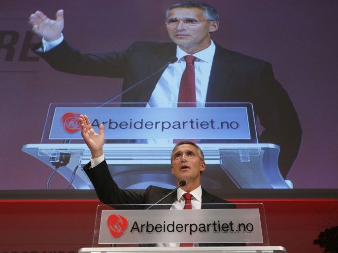 Norway's Prime Minister Jens Stoltenberg, who is the leader of the Labour Party, speaks to party members while waiting for the results of the general elections in Oslo September 9, 2013. Norway's centre-right opposition, promising tax cuts and smaller government, was set to win Monday's election, but faced tough talks on forming a coalition with a populist party that wants to spend more of the nation's vast oil wealth.