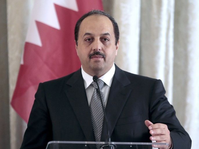 Qatar's Prime Minister Khalid bin Mohammad al Attiyah gives a speech on September 8, 2013 at the United States Embassy in Paris, after meeting with US Secretary of State John Kerry. Kerry continues a diplomatic offensive in Europe on September 8 to win backing for military strikes in Syria, after Washington and Paris said support for action was growing. Heading into a crucial week for US plans to launch the strikes, Kerry was meeting with Arab League ministers in Paris and was set to head to London next before returning to Washington on September 9 to continue rallying support at home.