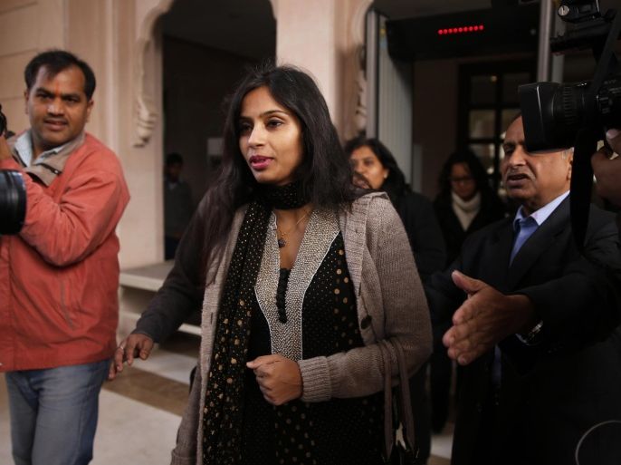 Devyani Khobragade, who served as India’s deputy consul general in New York, leaves Maharastra state house in New Delhi, India, Saturday, Jan. 11, 2014. Khobragade, 39, is accused of exploiting her Indian-born housekeeper and nanny, allegedly having her work more than 100 hours a week for low pay and lying about it on a visa form. Khobragade has maintained her innocence, and Indian officials have described her treatment as barbaric. (AP Photo/Saurabh Das)