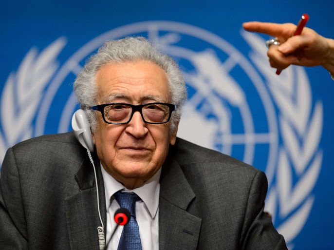 UN-Arab League envoy for Syria Lakhdar Brahimi attends a press conference at the United Nations Offices in Geneva on January 26, 2014. Syria's regime and opposition discussed prisoner releases on the second day of face-to-face peace talks in Geneva. With no one appearing ready for serious concessions, mediators are focusing on short-term deals to keep the process moving forward, including on localised ceasefires, freer humanitarian access and prisoner exchanges. AFP PHOTO / FABRICE COFFRINI
