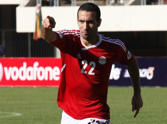 Egypt's Mohammad Trika celebrates scoring against Zimbabwe during the World Cup qualifier soccer match at the National Sports Stadium in Harare, Sunday June 9, 2013.