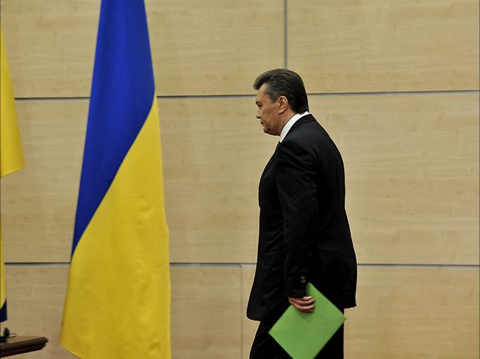 Deposed Ukrainian president Viktor Yanukovych arrives for his press-conference in southern Russian city of Rostov-on-Don, on February 28, 2014 . Yanukovych insisted today in his first public appearance since fleeing to Russia that