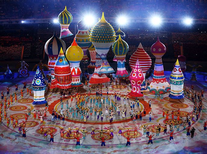 epa04060195 Large helium inflatables create the elements of St. Basil's cathedral during the Opening Ceremony of the Sochi 2014 Olympic Games at the Fisht Olympic Stadium, Sochi, Russia, 07 February 2014. EPA