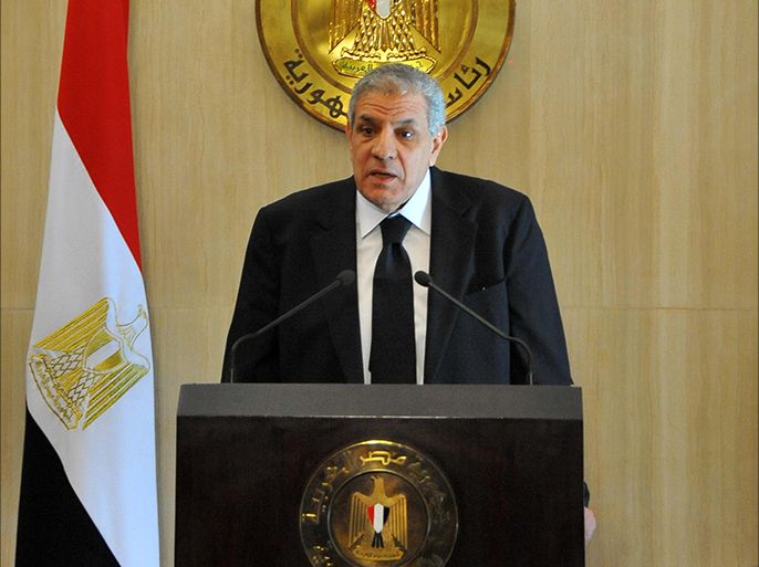 epa04100130 A handout photo made available by the Egyptian Presidency shows Egyptian Prime Minister-designate Ibrahim Mahlab speaking during a press conference after he was charged with forming a new cabinet, in Cairo, Egypt, 25 February 2014. nterim President Adli Mansour on 25 February appointed Mahlab as prime minister designate one day after outgoing premier Hazem Beblawy tendered his government's resignation. Mahlab said his priorities are restoring security and moving forward with the country's transitional roadmap. EPA/EGYPTIAN PRESIDENCY/HANDOUT HANDOUT EDITORIAL USE ONLY/NO SALES
