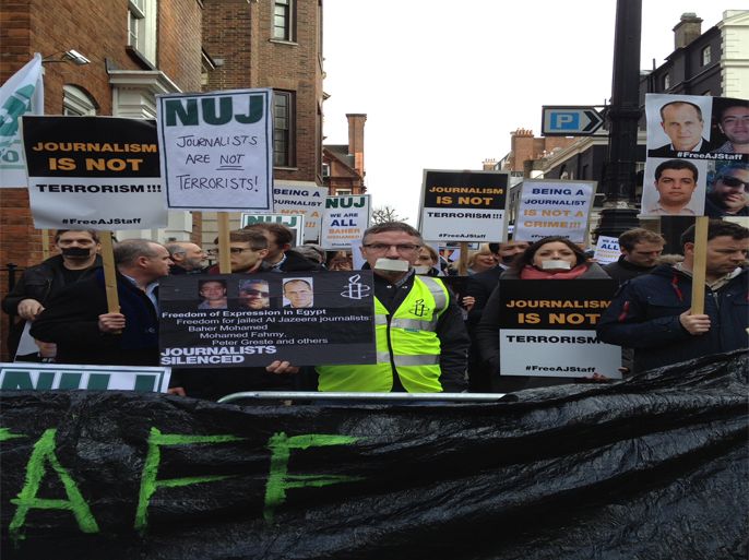 تظاهرة تاصحفيين في لندن للمطالبة بالإفراج عن صحفيي الجزيرة المعتقلين بمصر