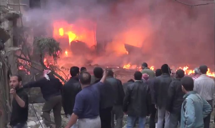 مجزرة كفرتخاريم:ألسنة النيران المتصاعدة نتيجة القصف كفرتخاريم 1-3-2014