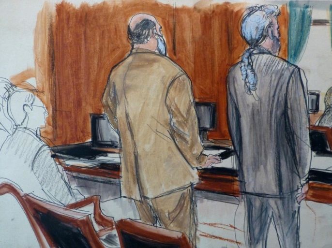 In this courtroom sketch, Sulaiman Abu Ghaith, center, in beige suit, stands next to his defense attorney Stanley Cohen Monday, March 3, 2014 during jury selection at the start of Abu Ghaith's trial in New York on charges that he conspired to kill Americans and support terrorists in his role as al-Qaida's spokesman after the Sept. 11 attacks. Abu Ghaith is Osama bin Laden's son-in-law and is the highest-ranking al-Qaida figure to face trial on U.S. soil since the Sept. 11 attacks. (AP Photo/Elizabeth Williams)