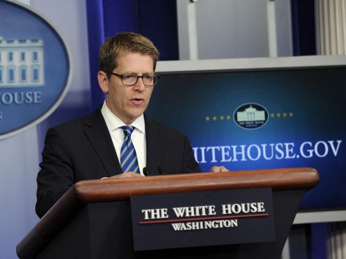 White House press secretary Jay Carney speaks during the daily briefing at the White House in Washington, Wednesday, May 14, 2014. Carney was asked about the kidnapped Nigerian girls, the mine disaster in Turkey and college loans. (AP Photo)
