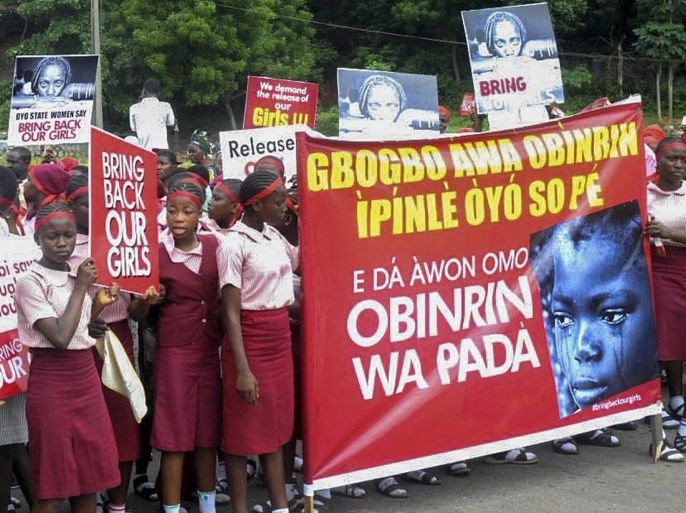 Nigerian women from Oyo state protest over the government's failure to rescue the abducted Chibok school girls in Ibadan, South west Nigeria, 08 May 2014. The Islamist group Boko Haram have claimed responsibility. The girls were kidnapped over three weeks ago by Islamist Boko Haram militants in north-east Borno state of Nigeria.