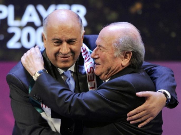 FIFA president Sepp Blatter (R) congratules head of Palestinian football federation Jibril Rajub during the FIFA World Player Gala 2008 award ceremony on January 12, 2009 in Zurich. FIFA's inaugural Development Award has been presented to Palestine, whose new Ram stadium, which also includes a technical centre, was inaugurated on last October 26, 2008.