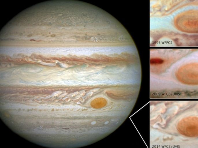 This undated composite handout image provided by NASA, taken by the Hubble Space Telescope, shows the planet Jupiter and the The Great Red Spot in 2014, left; in 1995, top right; 2009, center right; and 2014, bottom right. Jupiter’s signature Great Red Spot is on a cosmic diet, shrinking rapidly before our eyes. Astronomers using the Hubble Space Telescope calculate that the spot, a giant long-lasting storm, is narrowing by about 580 miles a year, much faster than before. In the late 1800s the red spot was an elongated oval 25,500 miles wide. Now it’s a svelte circle that’s 10,250 miles across. (AP Photo/NASA)