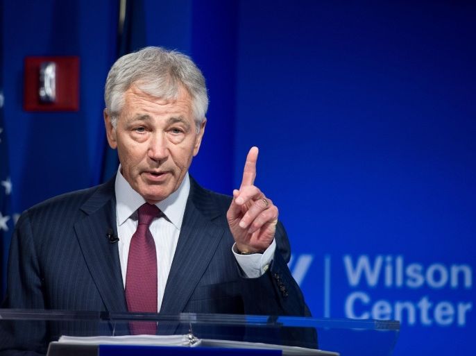US Defense Secretary Chuck Hagel speaks at the Woodrow Wilson Center in Washington on May 2, 2014 to mark the 20th anniversary of the Brussels Summit, which marked the beginning of NATO's post-Cold War expansion. AFP PHOTO/Nicholas KAMM