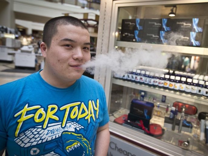 FILE - In this March 18, 2014 file photo, Jesse Ly smoked his e-cigarette at the Smokeless Smoking kiosk at the Roseville Mall in Roseville, Minn. Democrats who control the Minnesota Legislature can brag about key accomplishments in the just-completed session, including a big boost in the minimum wage and a tougher statewide anti-bullying law. But they needed and got help from Republicans to push through $1.1 billion in spending on construction projects, major tax relief and legalized medical marijuana. (AP Photo/The Star Tribune, Renee Jones Schneider)