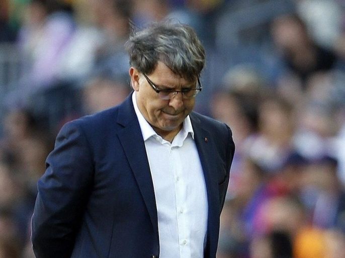 FC Barcelona's Argentinian head coach Gerardo Martino gestures during the Primera Division soccer match against Getafe FC played at Camp Nou stadium in Barcelona, Catalonia, Spain on 03 May 2014.