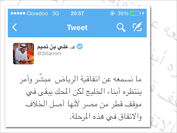 تغريدة علي بن تميم حول محورية مصر في خلاف الدوحة والعواصم الخليجية (الجزيرة)