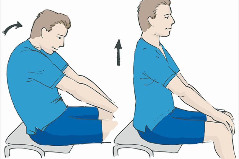 لإراحة العمود الفقري يتم الجلوس على مقعد ووضع اليدين على الركبة، ثم إجراء حركات تقوس الظهر، ثم إرجاع الجزء العلوي من الجسم إلى الوضع القائم، مع تكرار هذا التمرين من 10 إلى 15 مرة