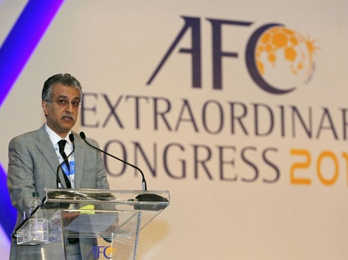 Newly elected President of Asian Football Confederation Sheikh Salman Bin Ibrahim Al Khalifa of Bahrain speaks during AFC conference at a hotel in Kuala Lumpur, Thursday, May 2, 2013. Sheik Salman won a landslide victory to be elected president of the Asian Football Confederation on Thursday, replacing longtime rival Mohamed bin Hammam. (AP Photo/Vincent Thian)