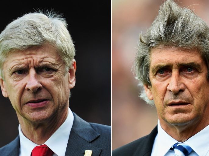 FILE PHOTO - (EDITORS NOTE: COMPOSITE OF TWO IMAGES - Image numbers (L) 185913896 and 487084963) In this composite image a comparision has been made between Arsene Wenger, Manager of Arsenal (L) and Manuel Pellegrini, Manager of Manchester City. Manchester City and Arsenal play in the FA Community Shield at Wembley Stadium on August 10,2014 in London,England. ***LEFT IMAGE*** LONDON, ENGLAND - OCTOBER 26: Arsene Wenger, manager of Arsenal looks on during the Barclays Premier League match between Crystal Palace and Arsenal at Selhurst Park on October 26, 2013 in London, England.