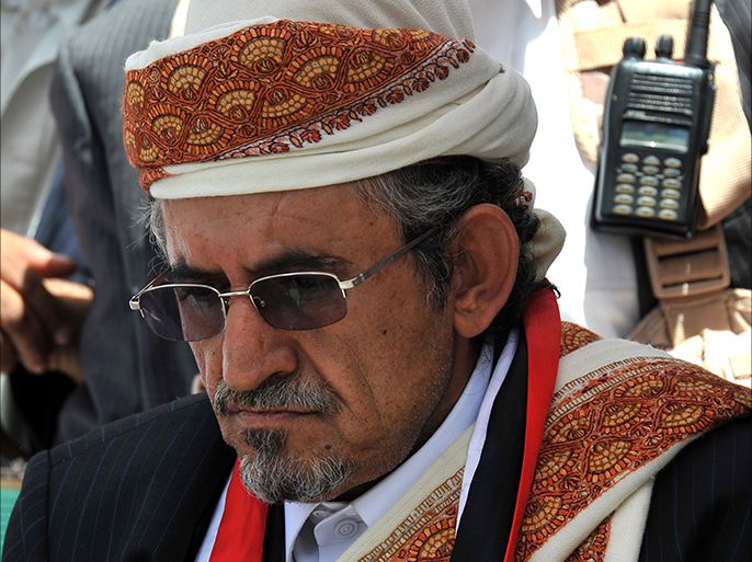 Influential Yemeni tribe leader Sheikh Sadeq al-Ahmar attends a demonstration demanding the establishment of a civil governing council, in Sana'a, Yemen, 10 June 2011. Thousands of Yemeni anti-government protesters took to the street across Yemen to continue demanding an immediate end of the 32-year regime of Yemeni President Ali Abdullah Saleh and the creation of a civil governing council to lead the country one week after an attack on the presidential palace in Sana'a in which President Saleh and senior Yemeni officials were injured. EPA/YAHYA ARHAB