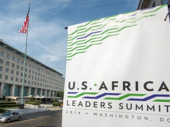 A sign is seen promoting the US-Africa Summit is seen July 31, 2014 outside the US Department of State (L) where President Obama will host African Leaders August 4-6,2014 in Washington, DC. This historic summit, the first of its kind, will bring leaders from across the African continent to the nation's capital and further strengthen ties with one of the world's most dynamic and fastest-growing regions. The theme of the Summit is investing in the next generation. Building on the progress made since President Obamas trip to Africa last summer, the Summit will advance the focus on trade and investment in Africa, and highlight Americas commitment to Africas security, its democratic development, and elevate the ideas of young people.. AFP PHOTO/Paul J. Richards