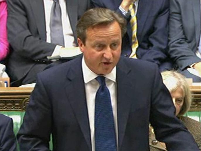 In an image grab taken from Parliament TV on September 1, 2014, British Prime Minister David Cameron delivers a speech to The House of Commons in London. Cameron outlined plans to tighten anti-terror measures, making it easier for police