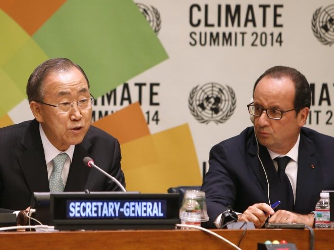 United Nations Secretary-General Ban Ki-moon, left, is joined by President Francois Hollande of France at a news conference on climate change during the Climate Summit at U.N. headquarters, Tuesday, Sept. 23, 2014. (AP Photo/Jason DeCrow)