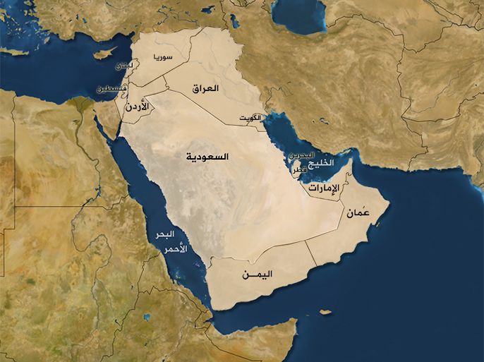 خارطة لمنطقة الشرق الاوسط تضم الدول من السعودية وحتى فلسطين
