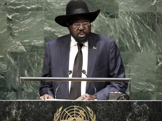 President Salva Kiir, of South Sudan, addresses the 69th session of the United Nations General Assembly, at U.N. headquarters, Saturday, Sept. 27, 2014. (AP Photo/Richard Drew)