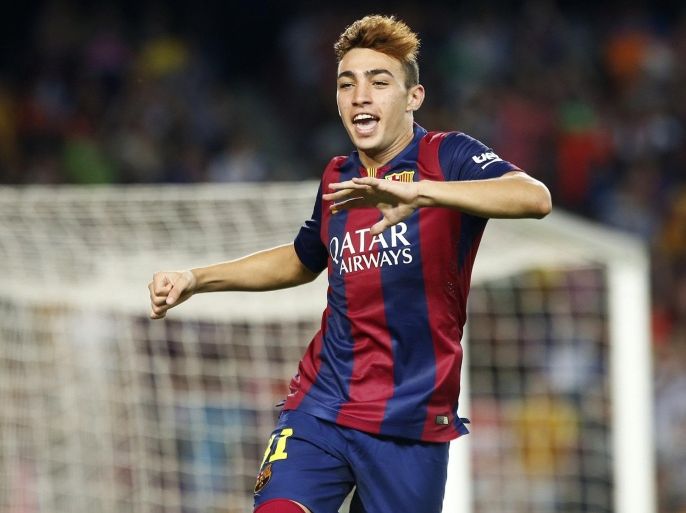 Barcelona's Munir El Haddadi celebrates his goal during the Spanish first division soccer match against Elche at Nou Camp stadium in Barcelona August 24, 2014. REUTERS/Gustau Nacarin (SPAIN - Tags: SPORT SOCCER)
