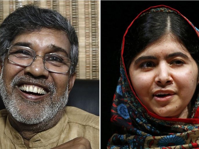 Combination photo shows the two winners of the 2014 Nobel Peace Prize Indian children's right activist Kailash Satyarthi (L) laughing at his office in New Delhi and Pakistani schoolgirl Malala Yousafzai speaking at Birmingham library in Birmingham, central England, on October 10, 2014. Yousafzai, who was shot in the head by the Taliban in 2012 for advocating girls' right to education, and Indian campaigner against child trafficking and labour Satyarthi won the 2014 Nobel Peace Prize on Friday. REUTERS/Adnan Abidi (L) and Darren Staples (Tags: POLITICS)