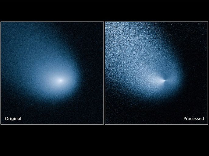 Comet C/2013 A1, also known as Siding Spring, is seen before and after filtering as captured by Wide Field Camera 3 on NASA's Hubble Space Telescope in this image released October 19, 2014. Comet Siding Spring passed just 87,000 miles (140,000 km) from Mars on Sunday - less than half the distance between Earth and the moon and 10 times closer than any known comet has passed by Earth, NASA said. REUTERS/NASA/ESA/J.-Y. Li/Handout via Reuters (UNITED STATES) - Tags: SCIENCE TECHNOLOGY) THIS IMAGE HAS BEEN SUPPLIED BY A THIRD PARTY. IT IS DISTRIBUTED, EXACTLY AS RECEIVED BY REUTERS, AS A SERVICE TO CLIENTS. FOR EDITORIAL USE ONLY. NOT FOR SALE FOR MARKETING OR ADVERTISING CAMPAIGNS