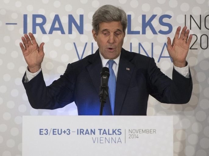 US Secretary of State John Kerry delivers a statement in Vienna on the status of negotiations over Iran's nuclear program before he leaves Vienna on November 24, 2014. Kerry defended extending a deadline for a deal with Iran, saying 'real and substantial progress' was made during talks in Vienna and calling on US lawmakers not to impose new sanctions on Tehran. AFP PHOTO/JOE KLAMAR