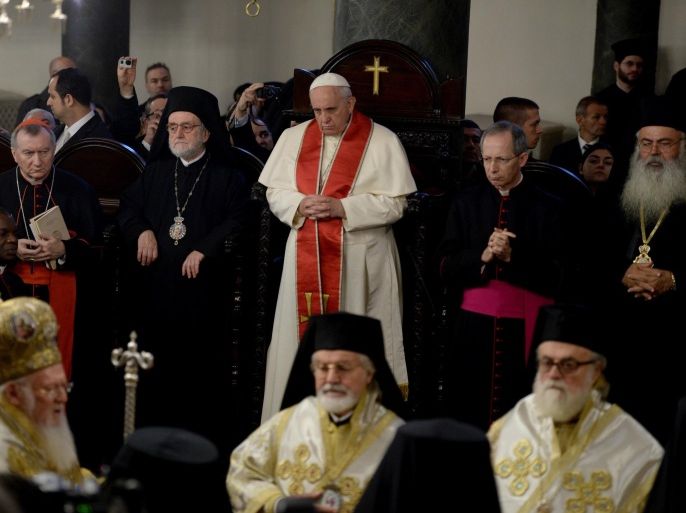 ISTANBUL, TURKEY - NOVEMBER 30:Pope Francis (R3) and Ecumenical Patriarch Bartholomew I (L3) attend a mass at Aya Yorgi Church in Ecumenical Patriarchate, Istanbul, Turkey on November 30, 2014.