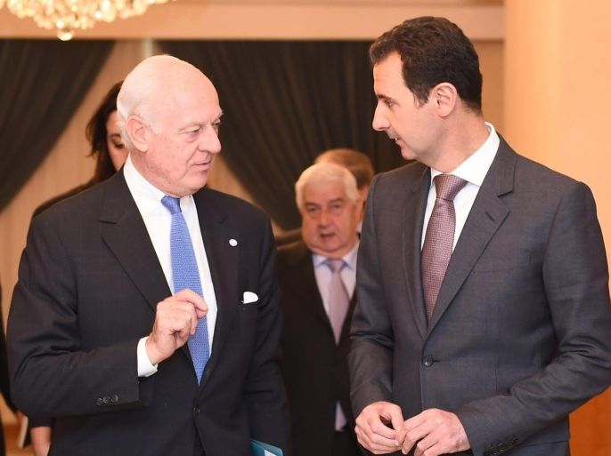 A handout picture provided by the official Syrian Arab News Agency (SANA) shows Syrian President Bashar al-Assad (R) meeting with UN Special Envoy on Syria Staffan de Mistura (L) and the accompanying delegation in Damascus, Syria, 10 November 2014. De Mistura is on an official visit to Syria. EPA/SANA/HANDOUT