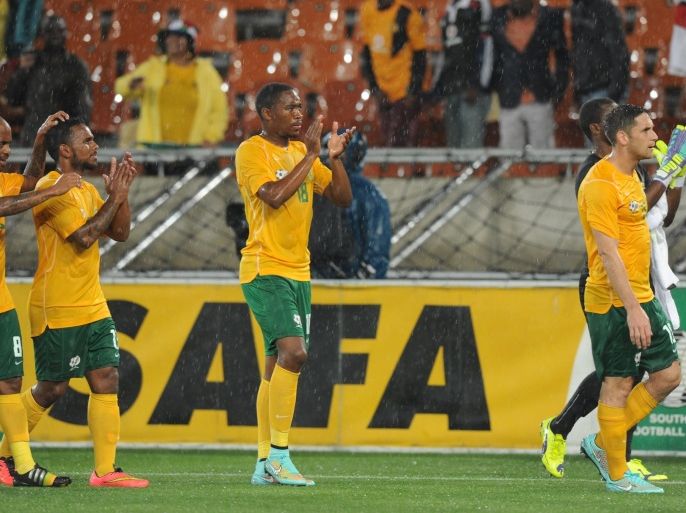 South Africa's players react after the 2015 Africa Cup of Nations qualifying football match between South Africa and Congo at the Peter Mokaba stadium in Polokwane on October 15, 2014. AFP PHOTO / GORDON HARNOLS